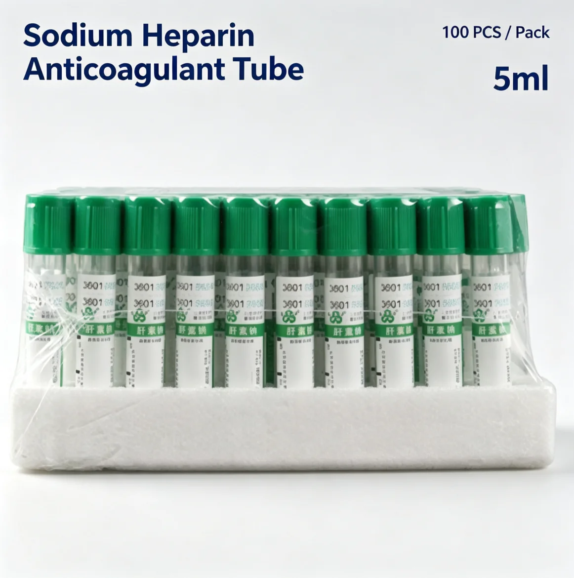 100 pcs 5ml disposable vacuum blood collection tubes, sodium heparin anticoagulant tubes with green cap, negative pressure tubes