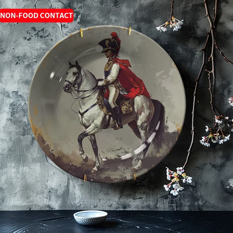 1pc Vintage Knight Ceramic Decorative Plate with Red Cape and White Horse Hand-Painted Artistic Design, Non-Food Contact Home