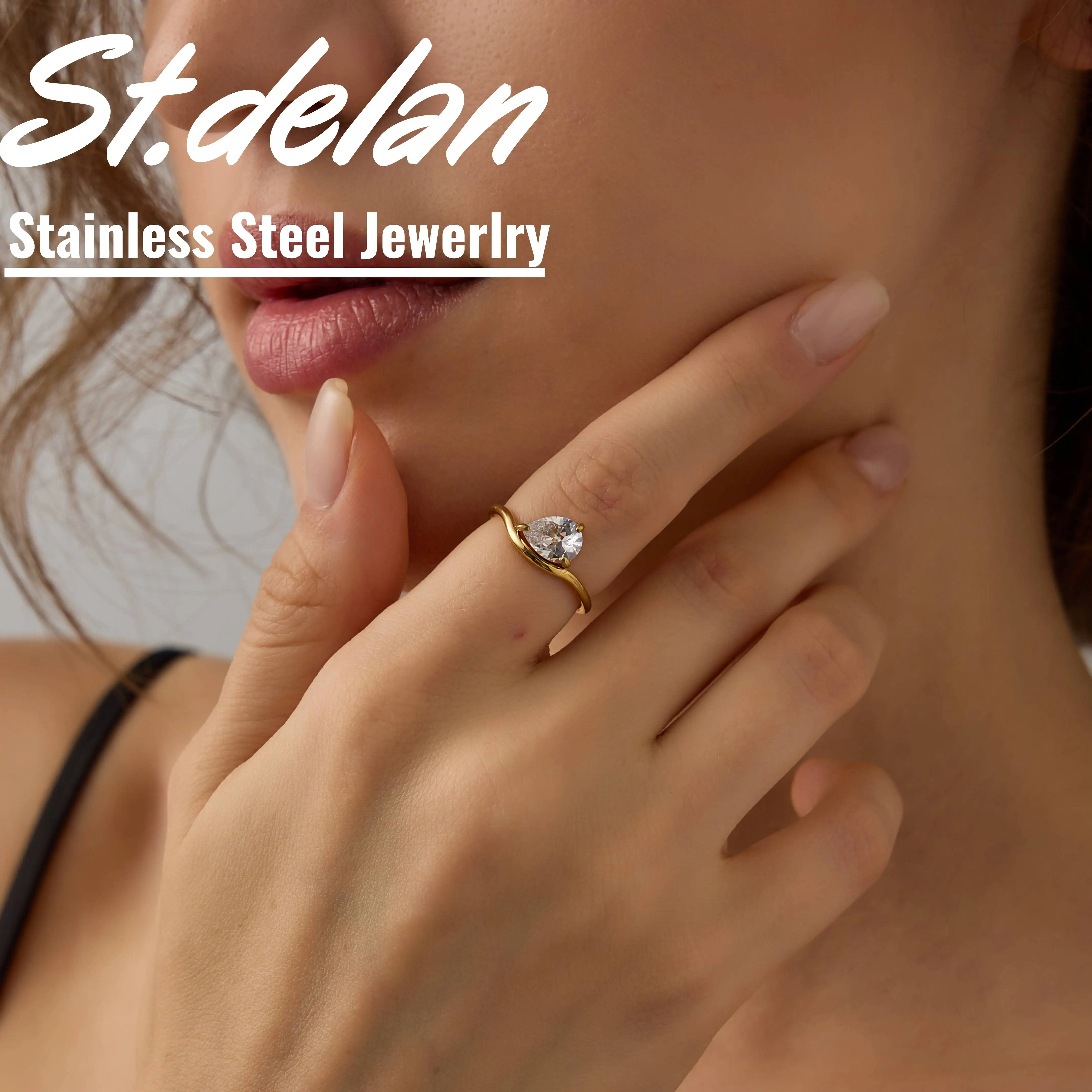 St.delan Women's Water Drop Ring European American Fashion Light Luxury Titanium Steel Tarnish-Free Jewelry