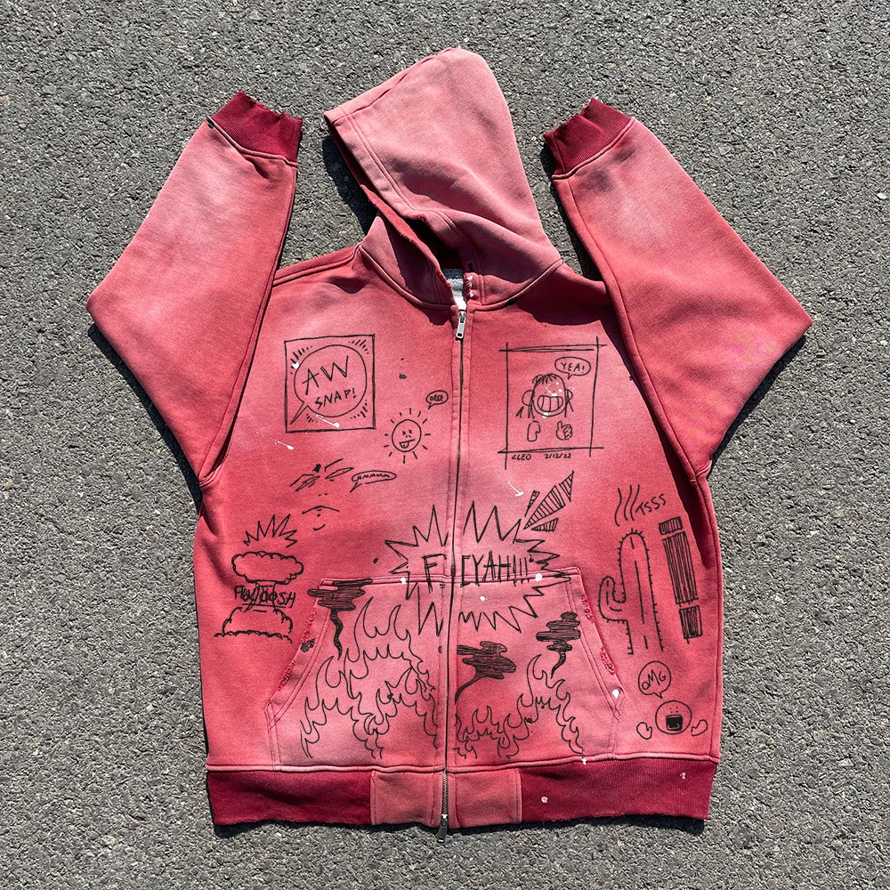 Couple Heavy Washed Graffiti Dual Zipper Design Sweatshirt Cardigan by Wang Studio Fashionable Streetwear Hoodie Outerwear