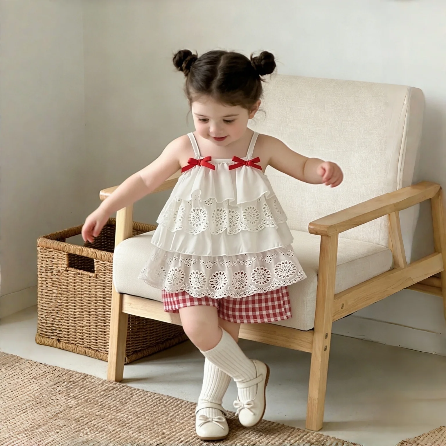 

2-Piece Summer New Baby Girl Set Camisoles And Shorts Sweet Plaid Pattern Children'S Clothing For Babies Aged 6 Months - 3 Years