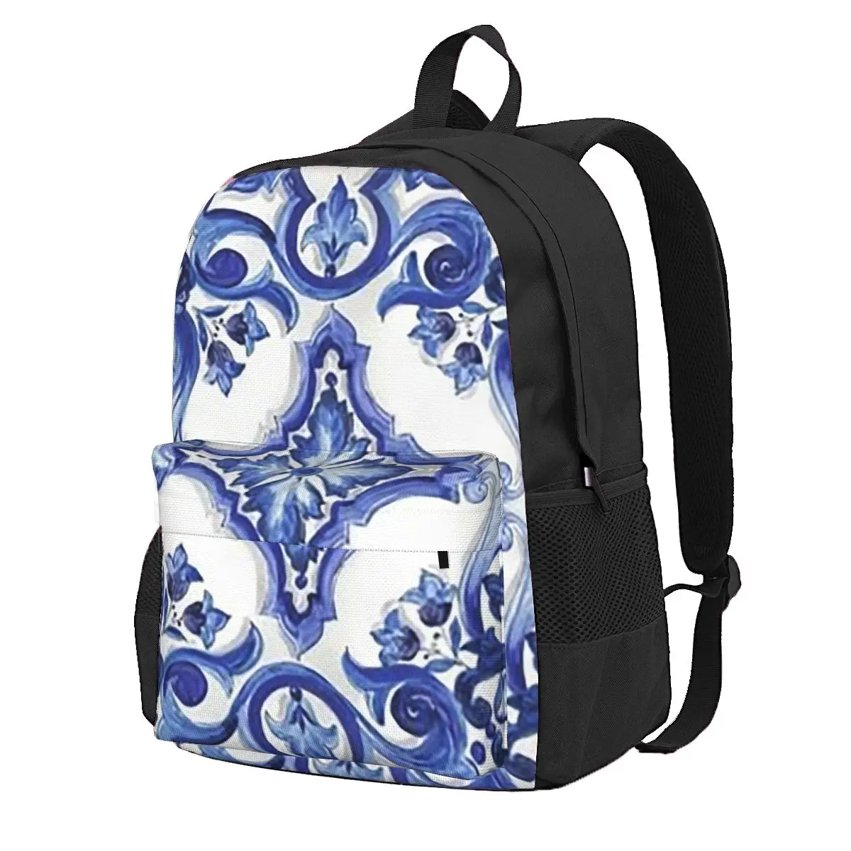 Blue Ornate Floral Mediterranean Sicilian Tile Student Backpack School Bag for Boys Girls Fashion Bookbag Shoulder Bags