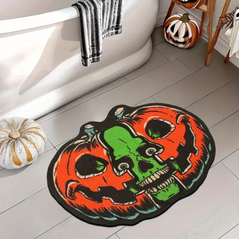 VIKAMA Halloween Irregular Doormat Pumpkin Skull Pattern Non Slip Soft Floor Mat Bathroom Entryway Indoor Holiday Home Decor