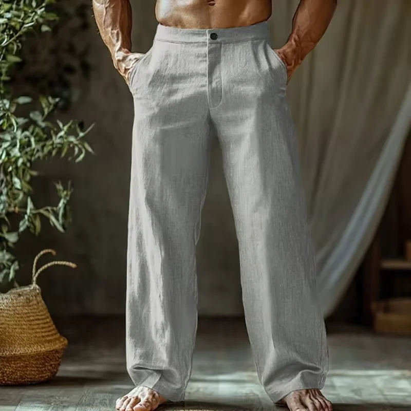 

men's linen cotton pants loose fit Straight Leg Trousers half elastic waist lightweight Breathable casual For Beach Holiday Wear