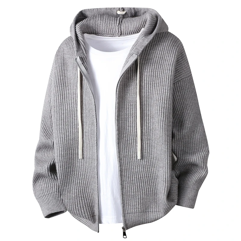 

Retro ey Knitted Open Cardigan Men's Hooded Casual Sweater High-End Feeling Spring Autumn New Sle Comfortable Nylon Fabric