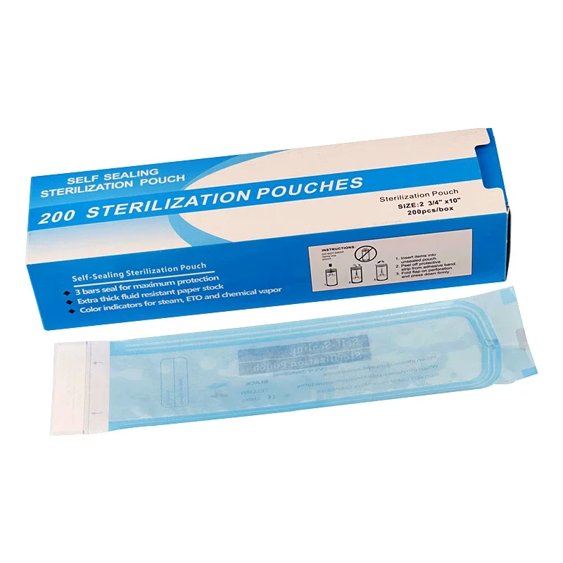 Self Sealing Sterilization Pouch Bag Clear Blue for Nail Tools 10x3.5in 50 pieces