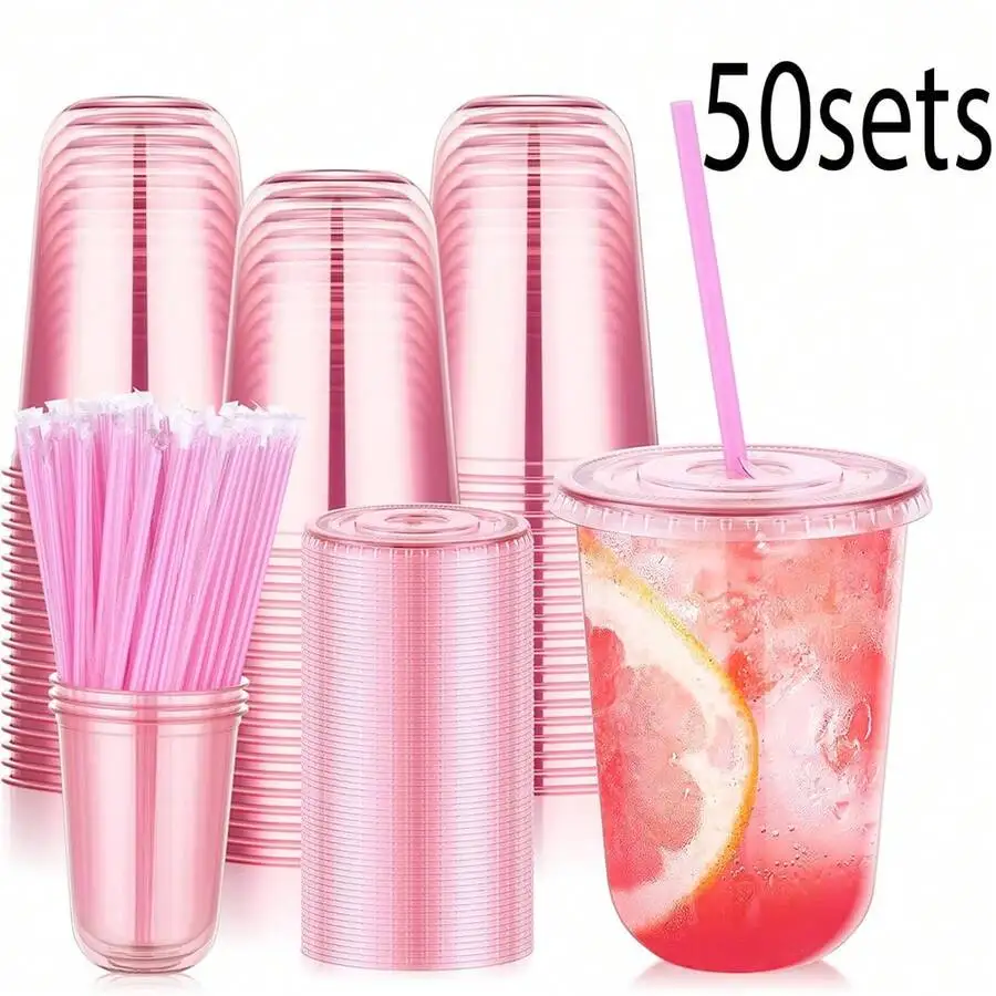 20/50 Sets 16oz Plastic Party Cups With Lids And Straws, Ice Coffee Cups, Round Bottom Drinking Cups For Parties