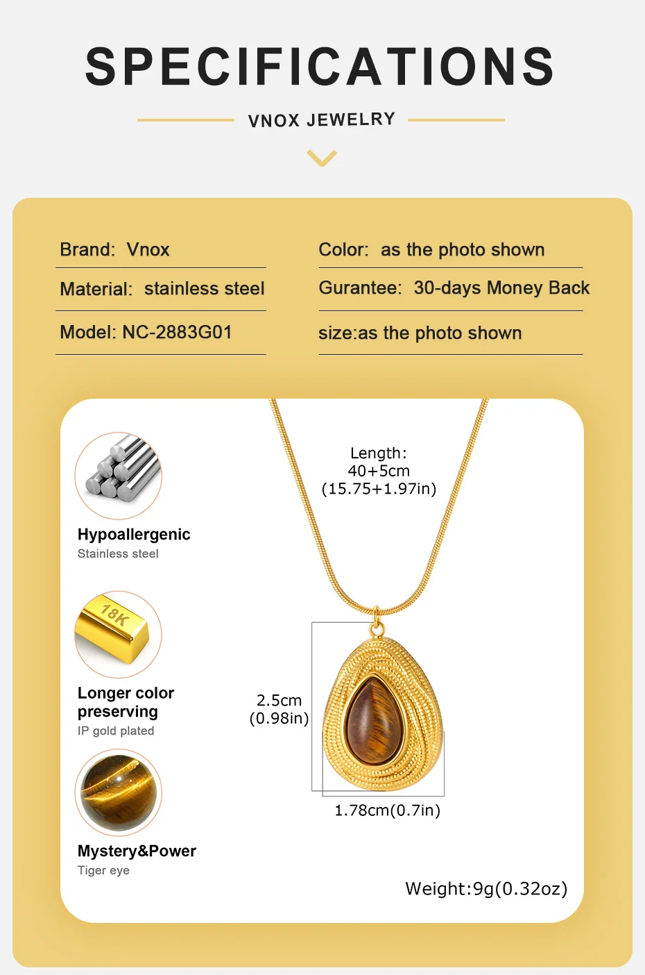 Vnox Vintage geometrische Tigerauge-Anhänger-Halskette für Damen, minimalistischer goldfarbener Edelstahl-Anhänger mit Schlangenkette, Schmuck – Detail 4