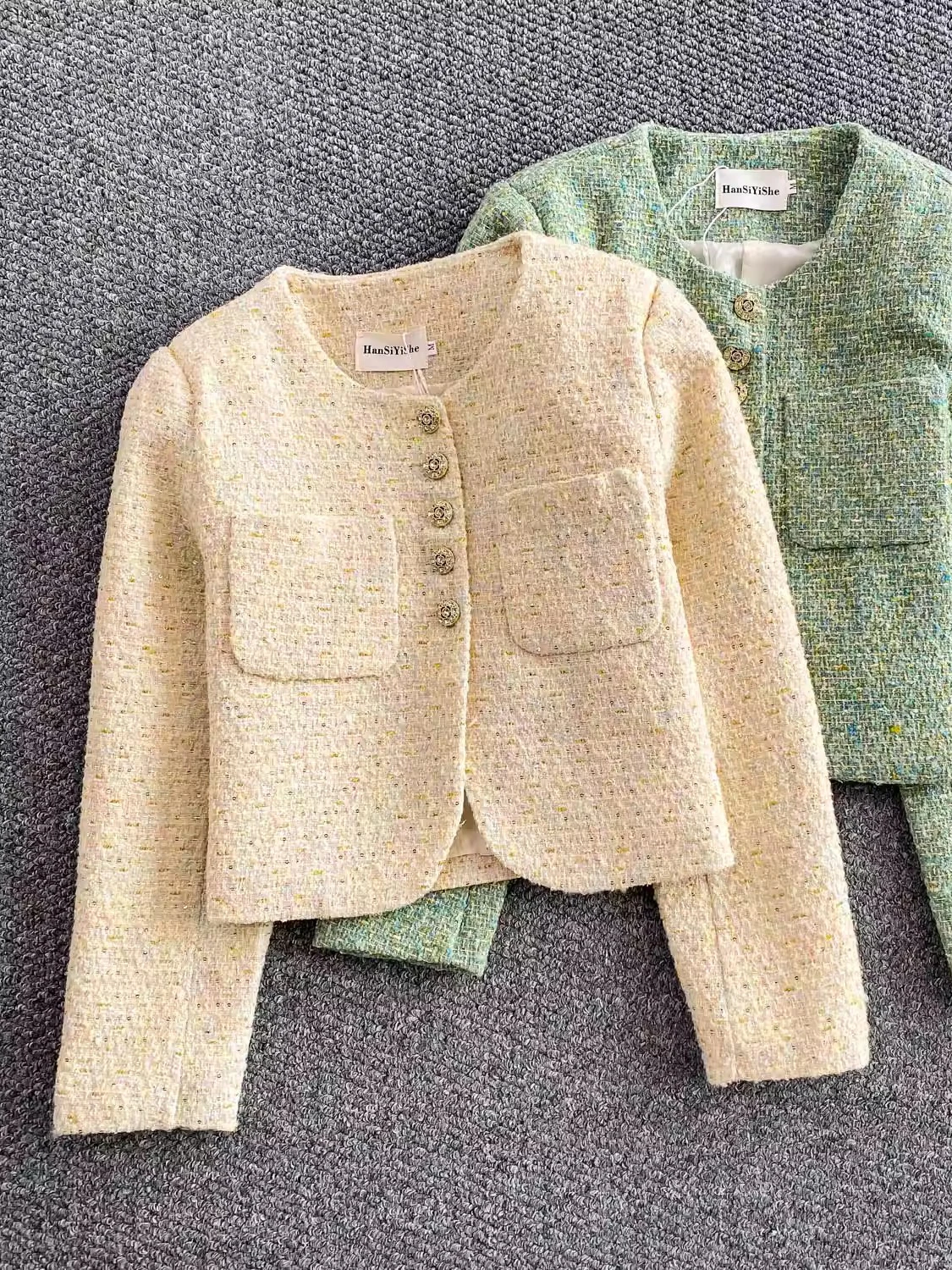 

ort Coat Women's round Ne Heavy Embellied Tweed Jaet Unique Slimming Metal Button Unique Autumn Winter Oute...