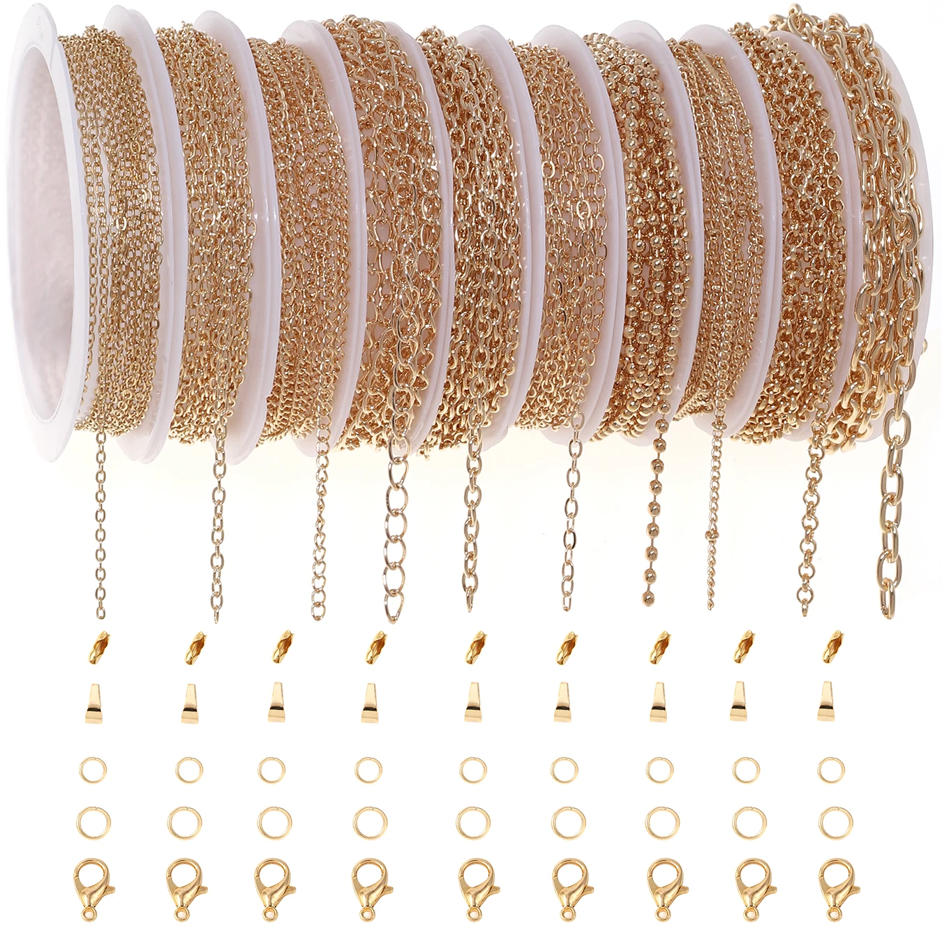 10-Roll DIY Stainless Steel Chain Set (Includes Lobster Clasps and Metal Findings); Suitable for Crafting Various Stylish Accessories like Bracelets and Necklaces; Ideal Materials for Autumn/Winter Jewelry Making and Christmas Gifts.