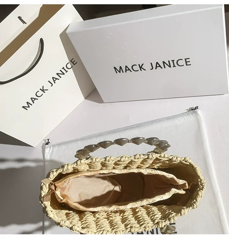 Summer Straw Woven Handmade Handbag Women Bucket Bag Crystal Shiny Rhinestone Diamond Tote Bag Female Holiday Vacation Beach Bag