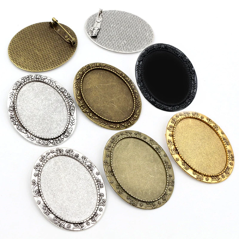 New Fashion 5pcs 30x40mm Inner Size Antique Gold/Silver Plated Bronze Black Brooch Pins Simple Style Cameo Base Setting Pendant