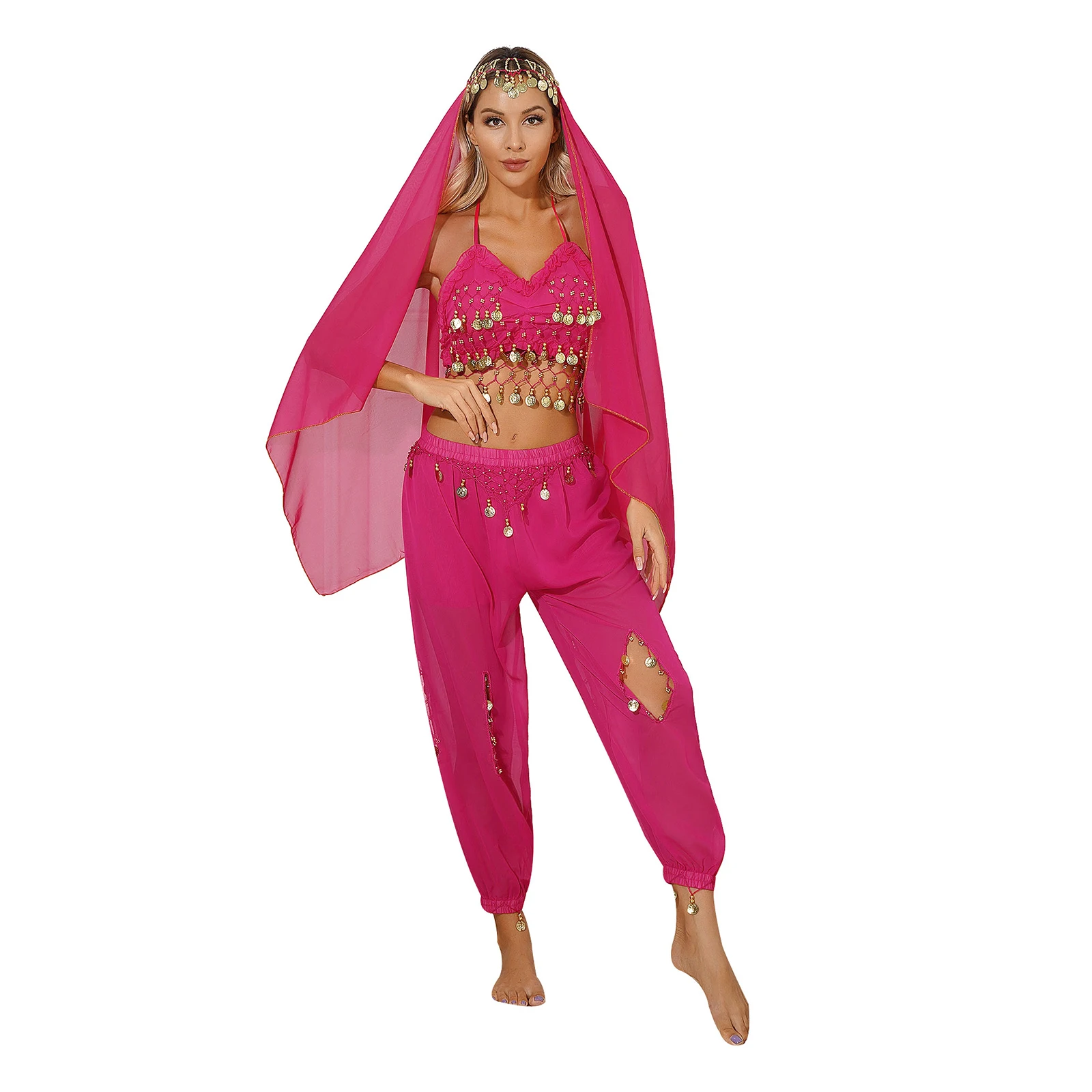 Bollywood Costume Set Women Indian Dance Belly Dance Outfit Performance Clothes Chiffon Veil Crop Top and Pants Arabian Costumes