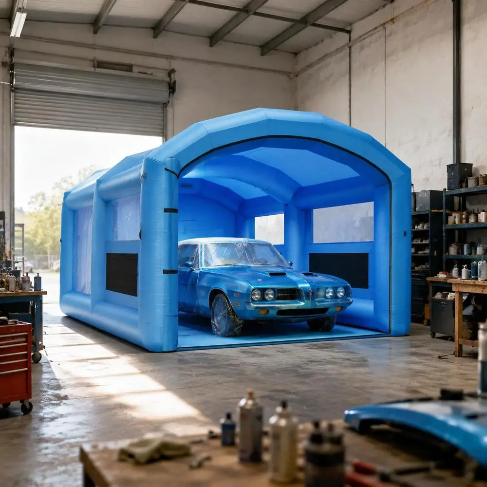 Aufblasbare Lackierkabine 6,4 x 4,1 x 3 m, blaues Oxford-Sprühzelt mit PVC-Fenstern und Kohlefilter für Pickups und Möbel