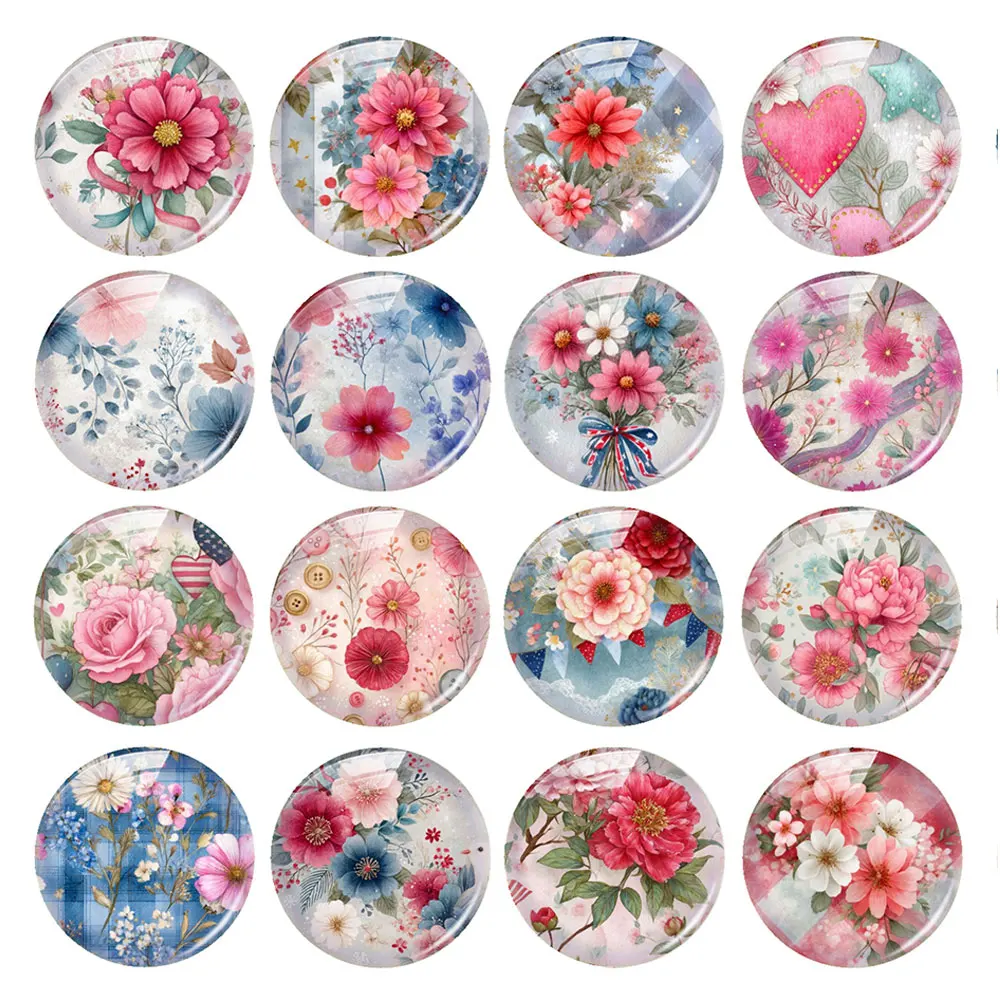 Random Mixed Round/Oval/Square Red blue Checkered Vintage Floral Photo Glass Cabochon Flatback Demo Cameo For Diy Jewelry Making