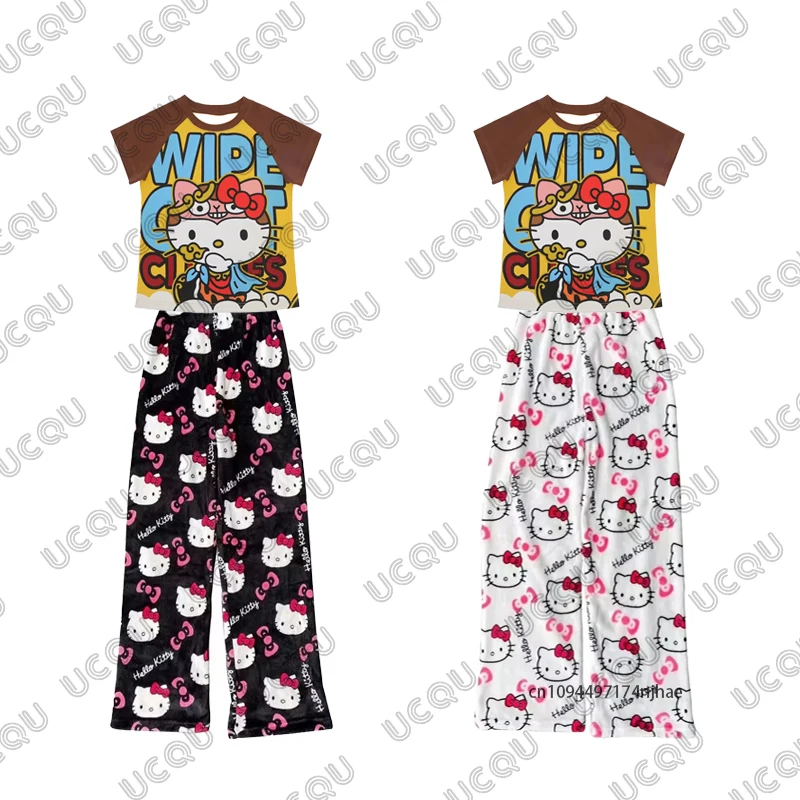 

Женский спортивный костюм с рисунком HelloKitty Y2K, футболка с готическим принтом + пижамный комплект со штанами, повседневный костюм для пар, модная одежда из 2 предметов