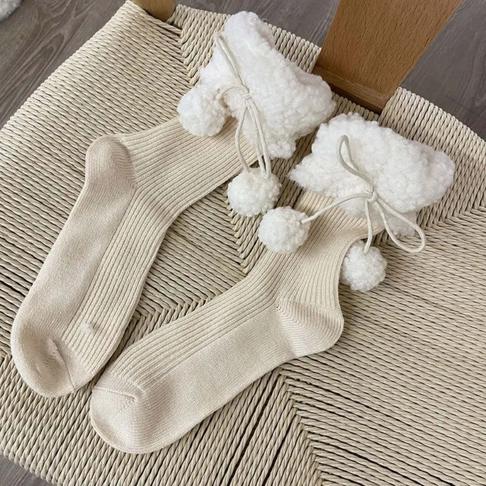 

Sweet Y2K Woolen Lolita Socks Plush Balls Thicken Winter Socks Women Japanese Style All Match Mid-Calf Tube Sock Women