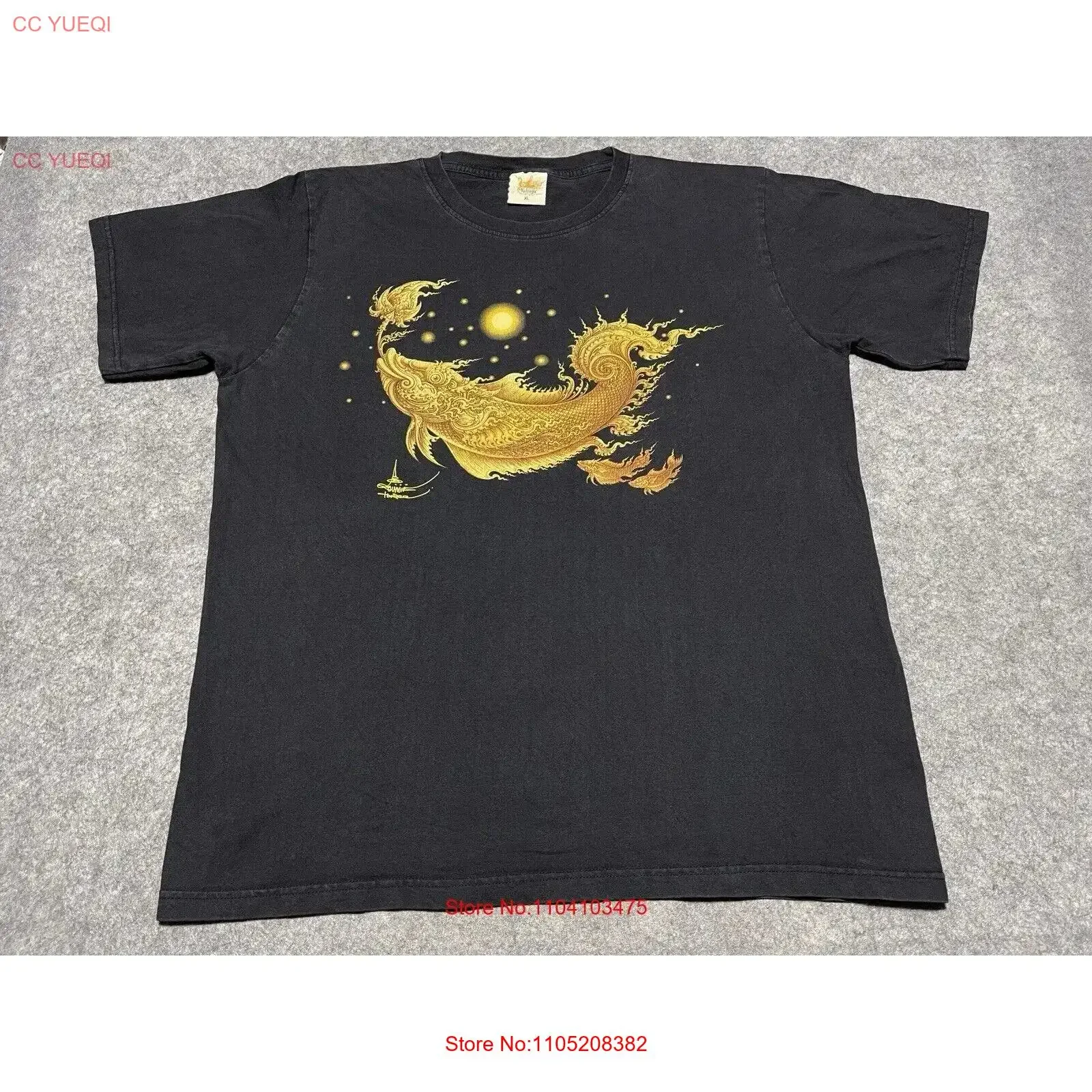 

ВИНТАЖНАЯ выцветшая черная футболка Таиланд XL Koi Fish Asian influence Dragon Tag винтажная стираная модная унисекс растянутая повседневная футболка