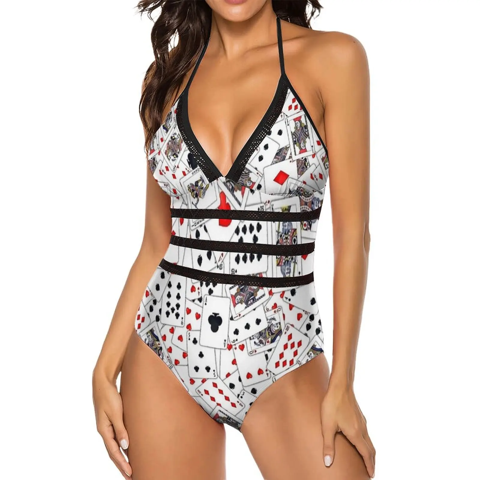 Vintage Playing Cards Print Swimsuit Sexy  One Piece Swimwear Women Push Up Swimsuits Vintage Hollow Out Beach Outfits