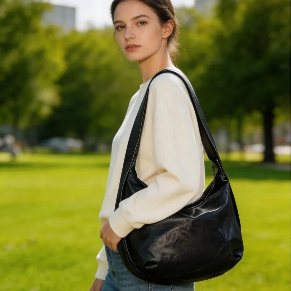 Women's Soft PU Leather Hobo Bag Large Capacity Shoulder Bag Casual Slouchy Tote Bag Minimalist Underarm Handbag
