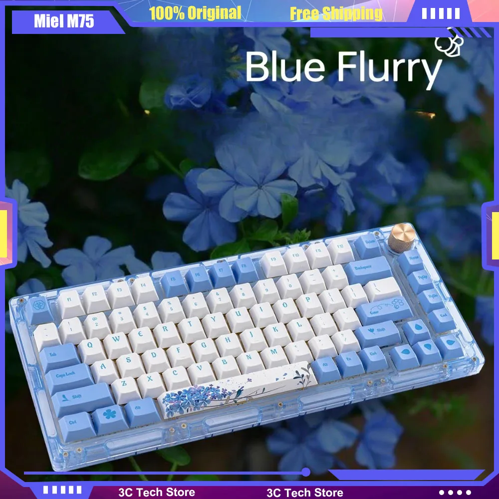 Miel M75 Blue Flurry Acrylic Tri-mode Mechanical Keyboard VIA Gasket Wireless Bluetooth 2.4G Type-c Hot Swap 75% Layout RGB Knob