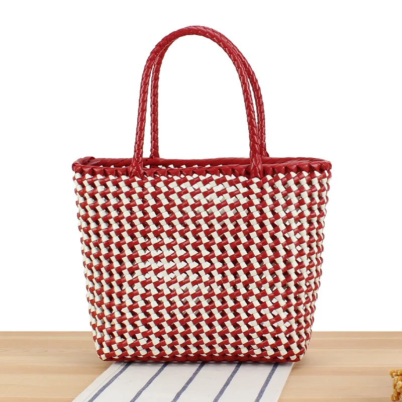 Large Capacity Weaving Tote Bag Woman Shopping Hollow Out Vegetable Basket Woven Pvc Lightweight Outdoor Camping Storage Bags