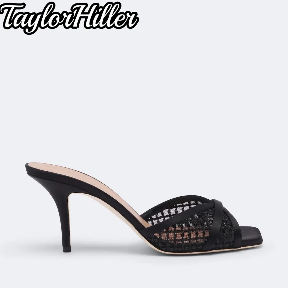 TaylorHiller Women Mesh Sequin Mules Square Open Toe Cross Strap Stiletto High Heels Slippers Elegant Party Dress Slides Shoes
