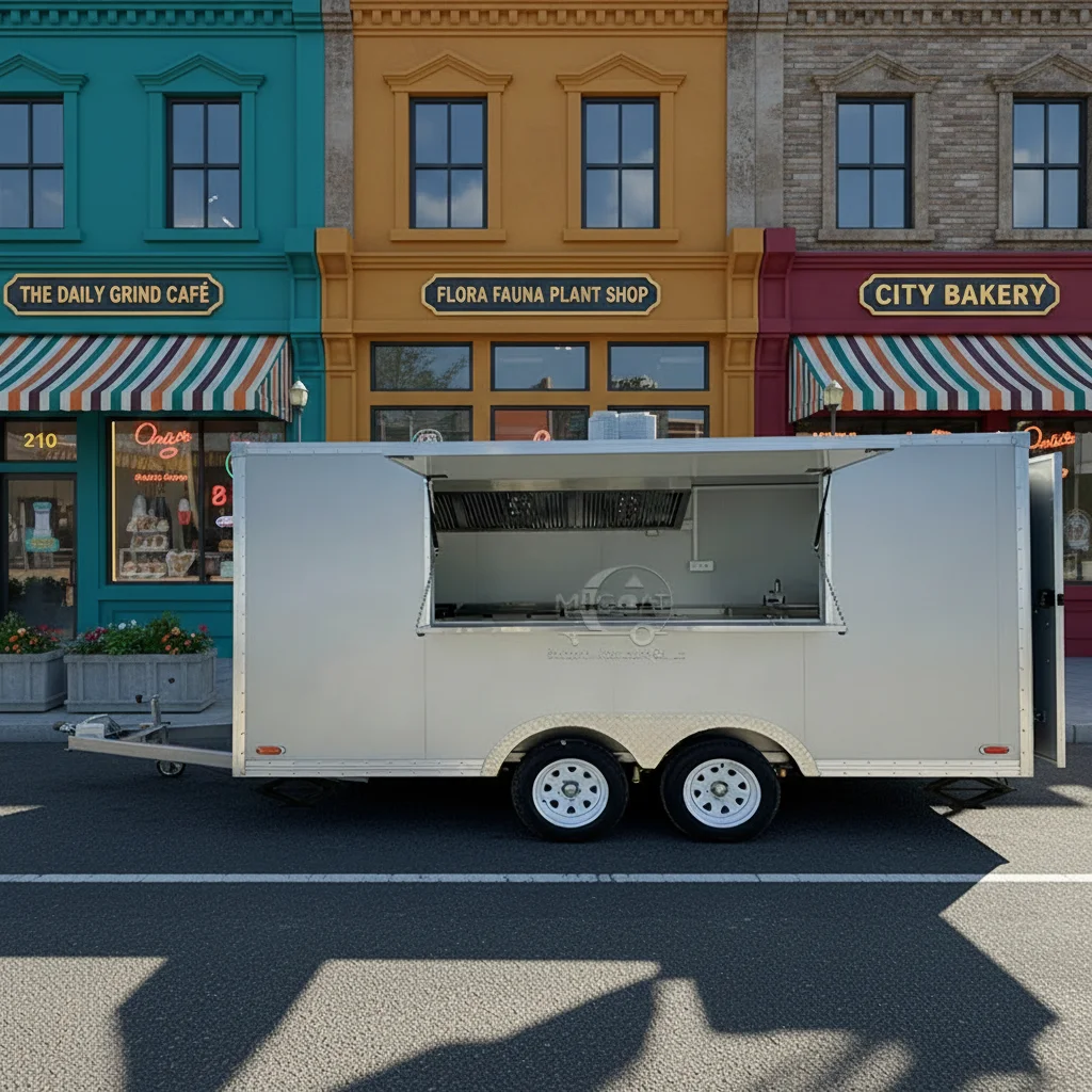 

Silver Fiberglass Mobile Commercial Kitchen Cart with Refrigerator for Catering And Street Food Business