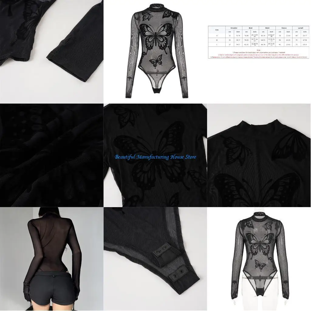 

E56A Mock Neck Long Sleeve Bodysuit In Sheer Mesh for Women Nightclub See Through Butterfly Print Skinny Jumpsuit Leotard Top
