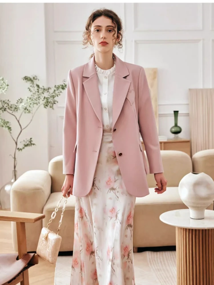OLrain French Pink Coats Women's 2022  Autumn Winter Sashes Single Breasted Blazers for Woman Office Elegant Tops O23CW69308