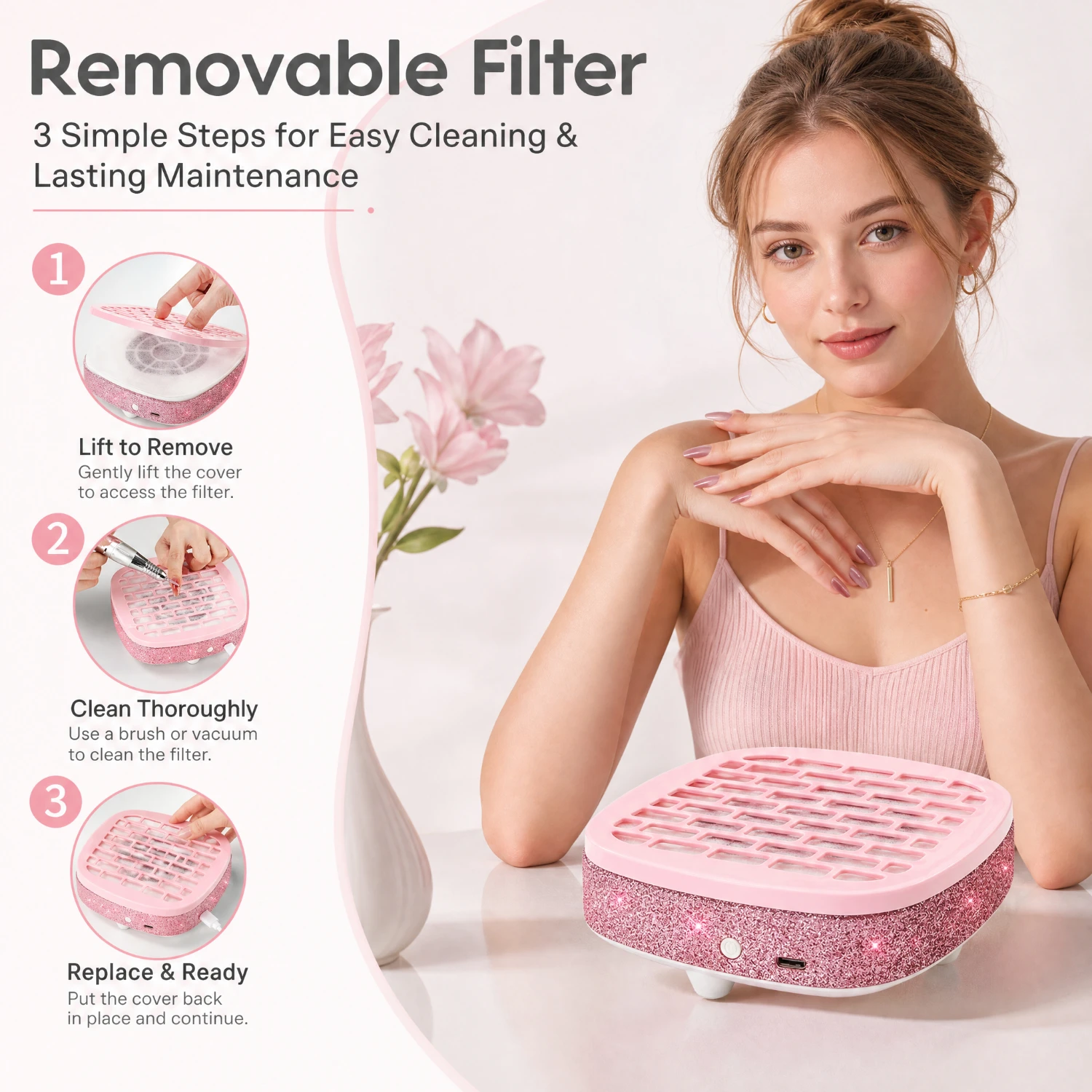 858‑M3 Nail Dust Collector, High‑Suction Low‑Noise Nail Vacuum Cleaner, Rhinestone‑Decorated Shell, Type‑C Power Supply, One‑Touch Switch, Removable Filter Cover, Comes with 10 Filter Papers, For Salon & Home Nail Art 6