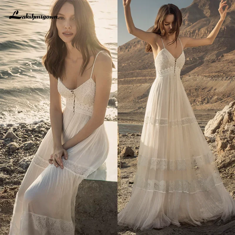 Sexy Boho Wedding Dresses 2025 Spaghetti Straps Deep V Neck Backless Robe Behemian Lace Beach Bridal Gowns vestido de novia