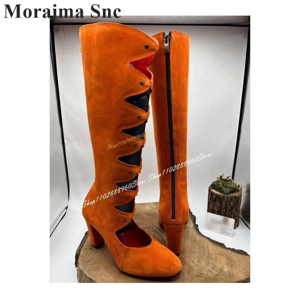 Knee High Orange Flock Hollow Boots Chunky High Heel Shoes For Women Back Zipper Round Toe 2024 Fashionable Zapatos Para Mujere