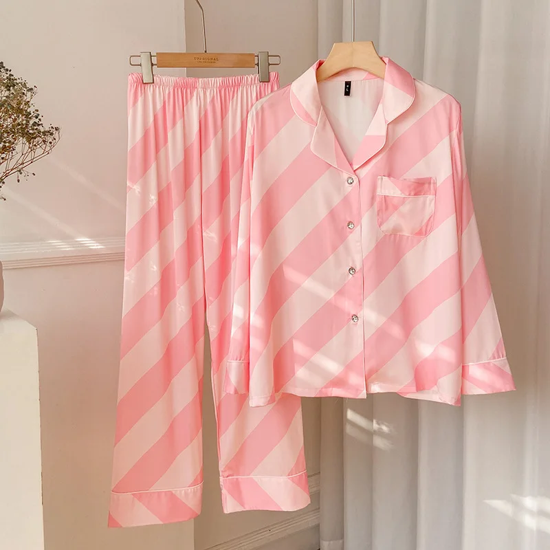 Sweet Girl 2PCS Pajamas Set Spring Long Sleeve Pijamas Suit Sleepwear Print Pink Striped Trouser Suits Loungewear Rayon Homewear