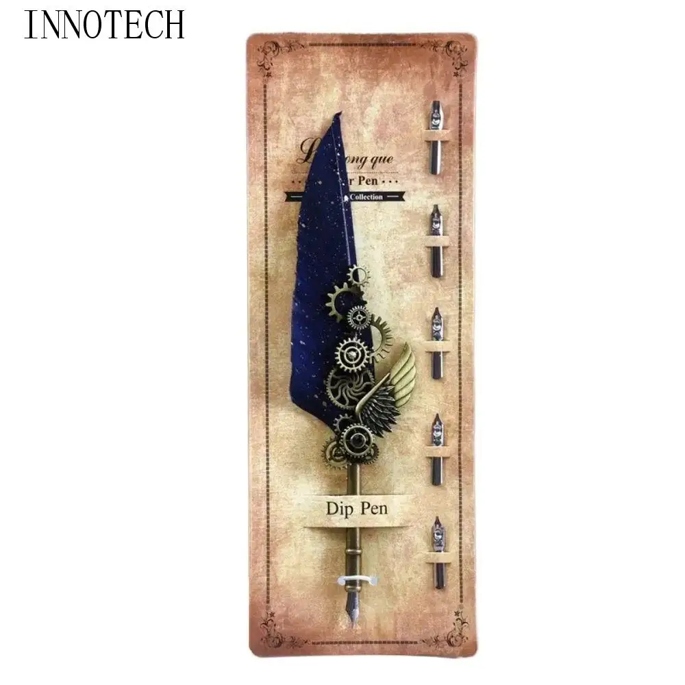 

Retro Punk Dipped in Water Pen Replaceable 5 Nib Vintage Luxury Metal Signature Pen European Style Fountain Pen Feather Pen