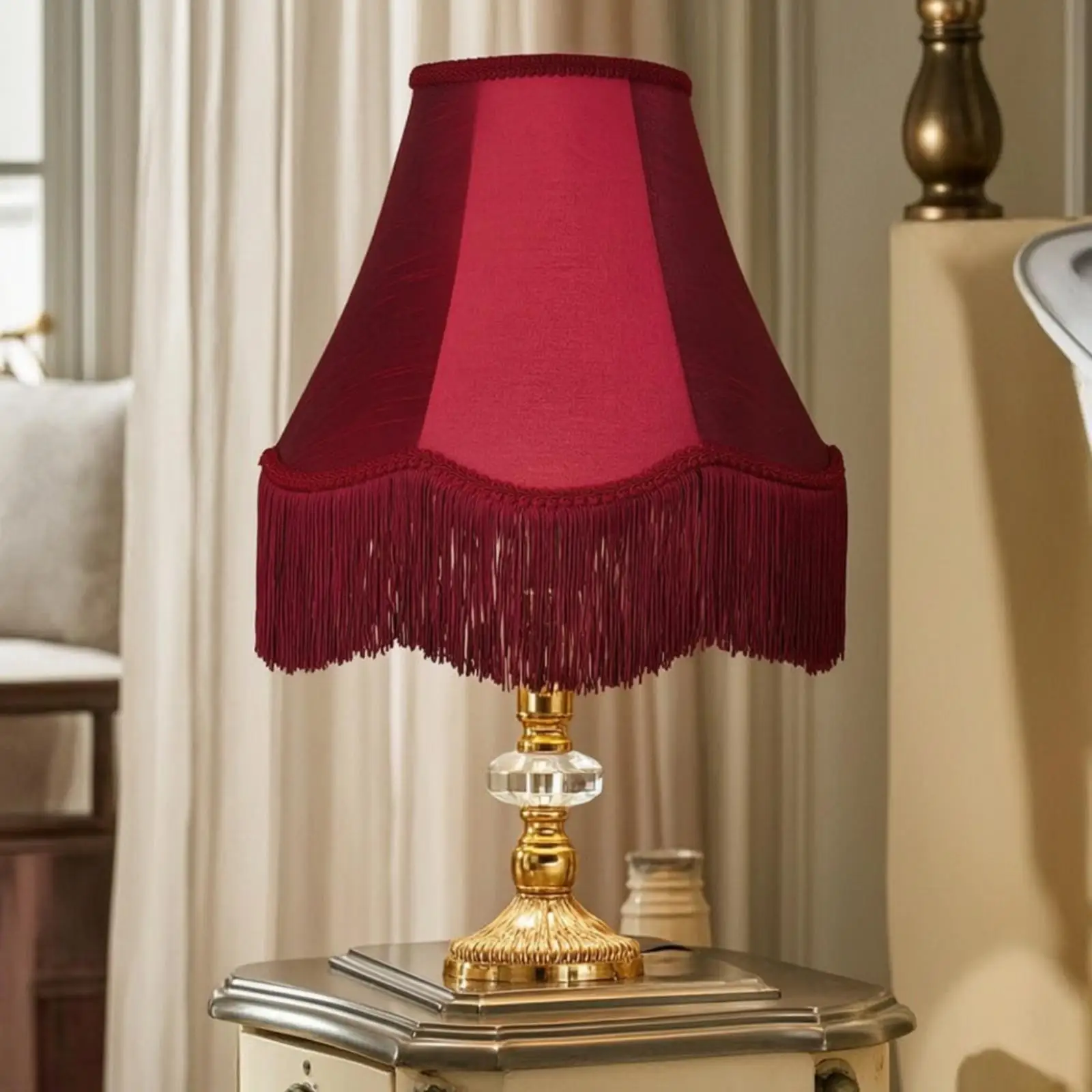 Decorative Folding Fabric Lampshade Handmade Slub Silk Fringe Trim Flared Shade Easy Assembly for Table Lamp Cozy Home Decor