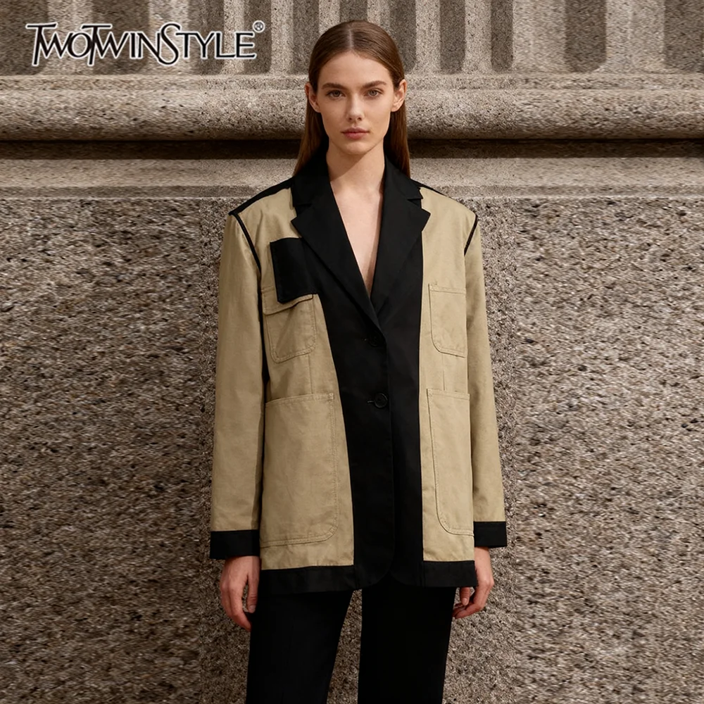 

TWOTWINSTYLE Hit Color Loose Spliced Pockets Casual Blazers for Women Lapel Long Sleeves Patchwork Buttons Fashion Blazer Female