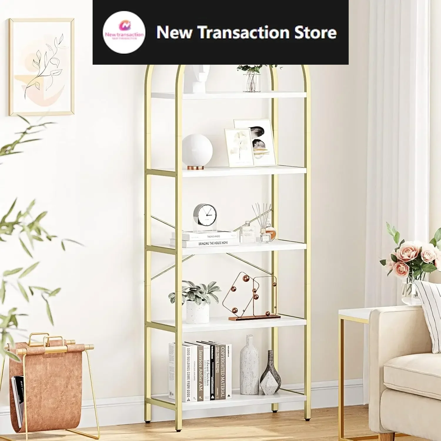 

Bookshelf 5 Tier Bookcase Arched Display Racks Tall Standing Bookshelves Metal Frame Storage Rack Shelf Large Wood Book Shelf
