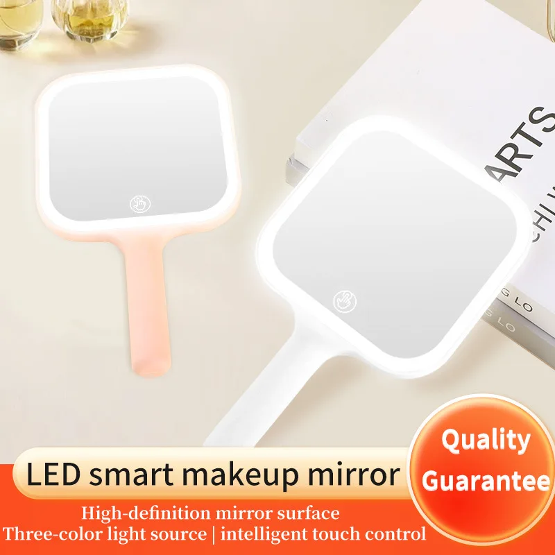 Tragbarer Hand-Make-up-Spiegel, 3-farbiges Licht, LED-Make-up-Spiegel, berührender Spiegel, quadratischer Make-up-Kosmetikspiegel mit Griff – Detail 6