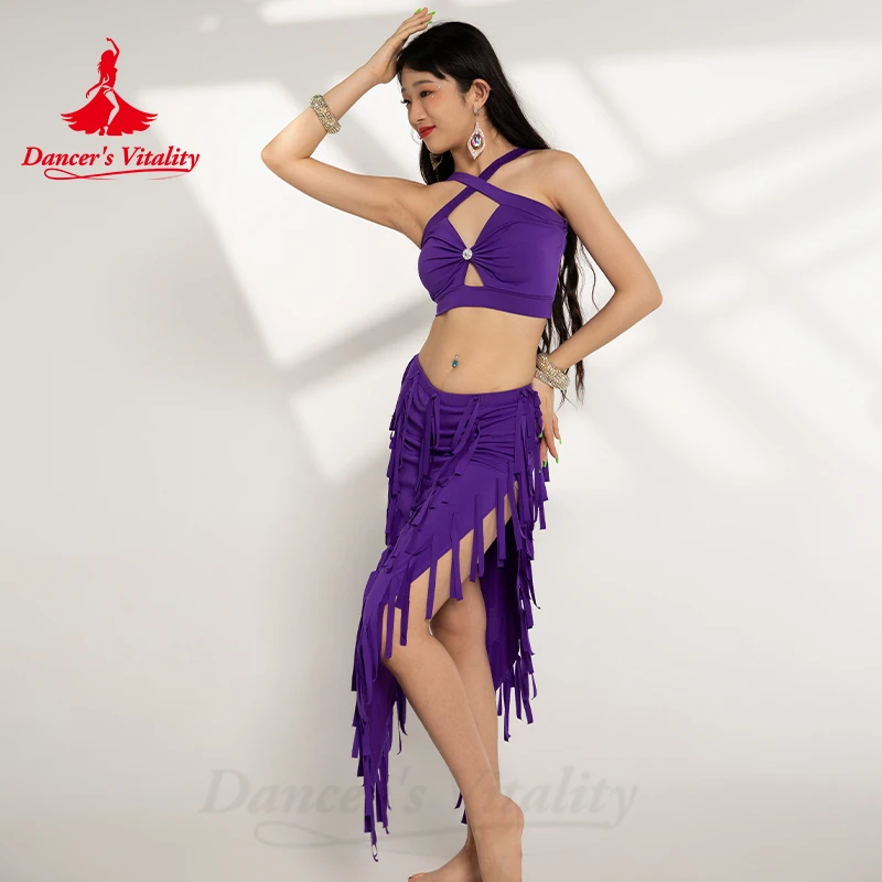 Traje de danza del vientre para mujer, Top de algodón + falda con borlas, 2 piezas, traje de danza Oriental, conjunto de disfraces profesionales