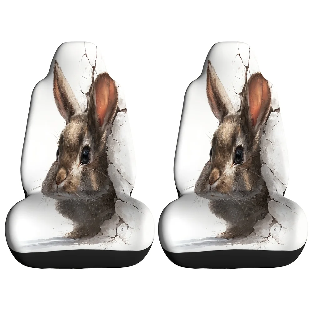 2pcs Little Rabbit Breaking Wall Peeking Print Car Seat Covers, Suitable For Sedans, Suvs, Mpvs, Trucks, Durable Polyester Mater
