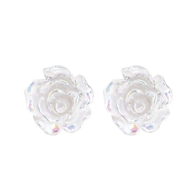 VIVILADY 925 Silver Cute Simple and Gentle Transparent Camellia Stud Earrings for Women Fine Jewelry Minimalist Accessories