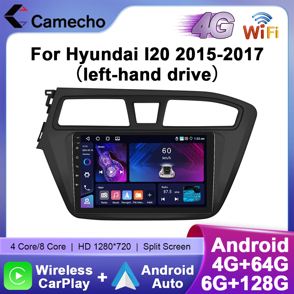 Camecho 6 + 128G Wireless CarPlay Android Auto Autoradio per Hyundai I20 2015-2017 (LHD) GPS 4G WIFI Multimedia Autoradio Player