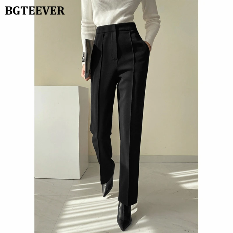 BGTEEVER Autumn High Waist Ladies Velvet Harem Pants Elegant Loose Pockets Black Suit Pants for Women