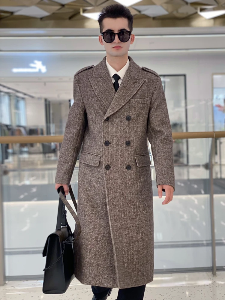 Classic herringbone pattern ultra long wool coat for men with double breasted British fashion thickened down jacket for men