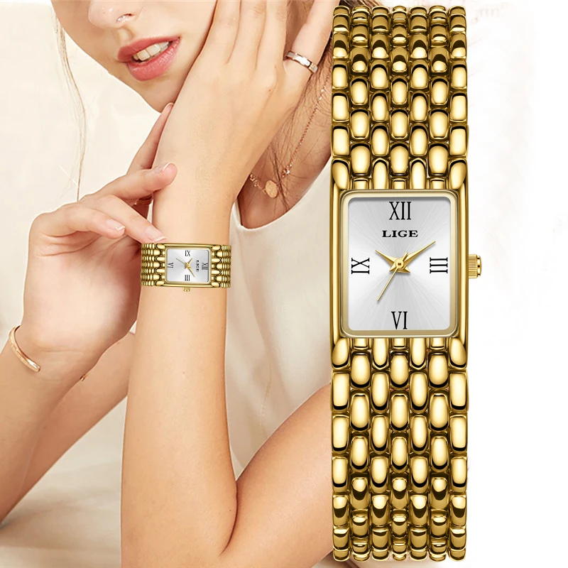

LIGE New Gold Watch Women Fashion Creative Square Quartz Women's Watches Simple Waterproof Date Chronograph Relogio Feminino+BOX