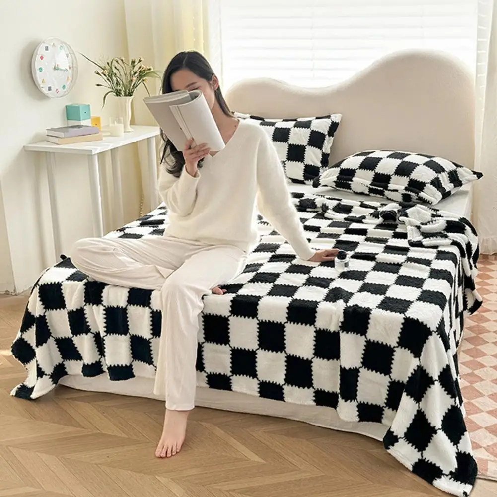 Weaved Polyester Blanket Soft Plush Blanket Chessboard Pattern Plush Blanket Breathable Fluffy Checkered Bed Throw 3d Fuzzy
