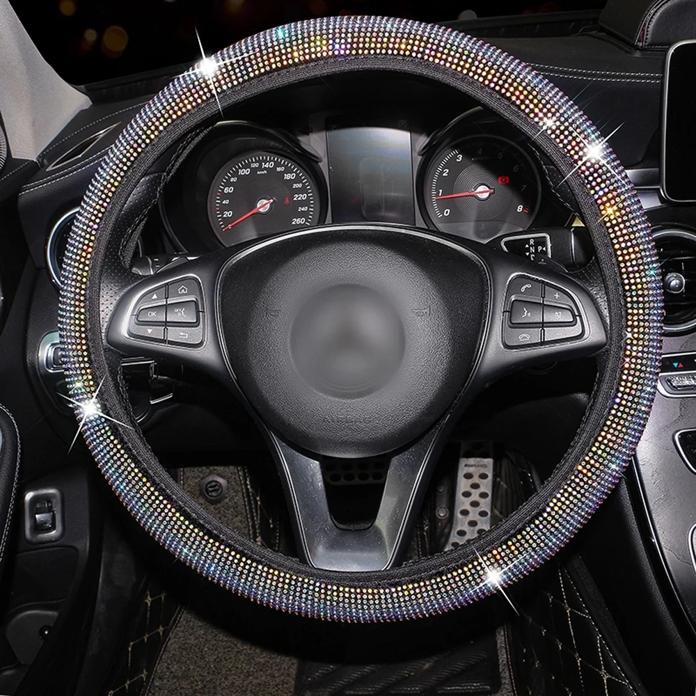 Rhinestone Car Steering Wheel Cover Leather Steering-Wheel Decoration Cover Bling Crystal Auto Styling Car Accessories for Woman