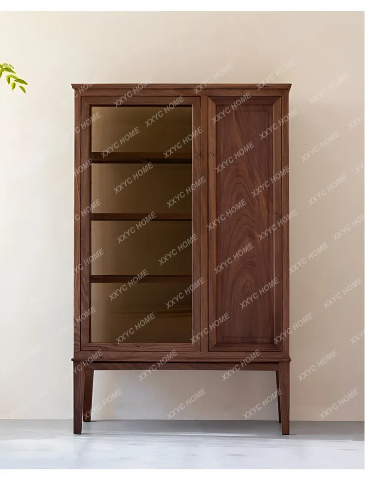 North American black walnut new Chinese wine cabinet dining side cabinet all solid wood living room light luxury glass cabinet