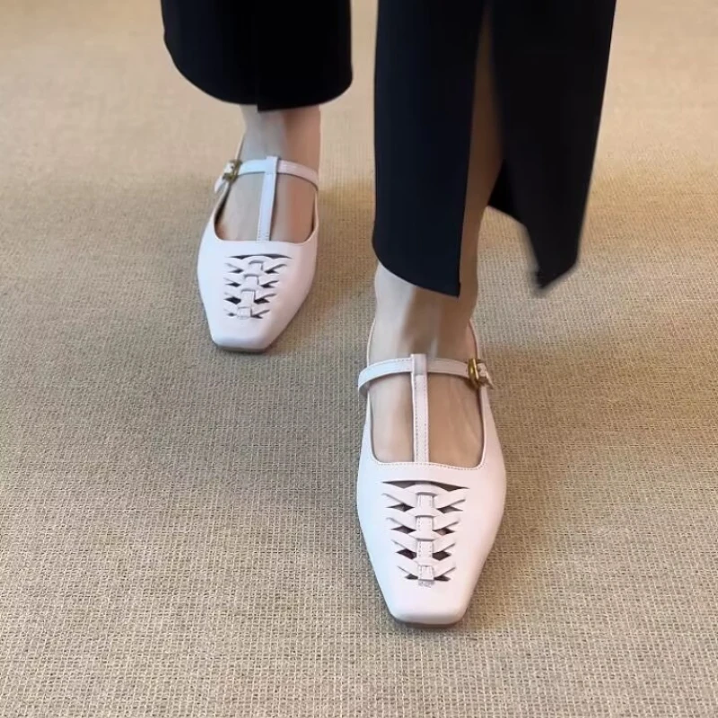 Bailarinas trenzadas con correa en T de banda estrecha de cuero de vaca para mujer, bailarinas elegantes y suaves de alta calidad con punta cuadrada